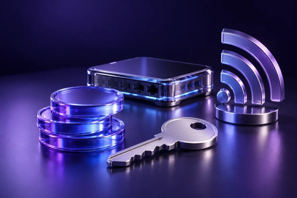 Original conceptual illustration of glass credit tokens, a silver key and a network hub