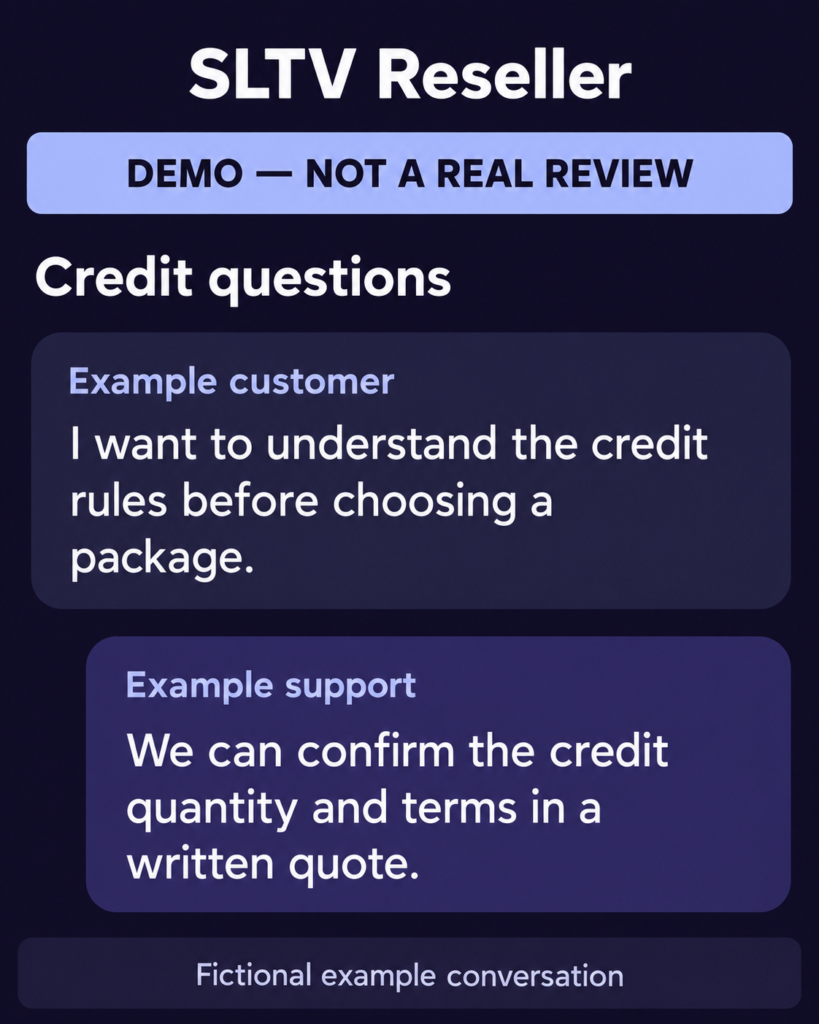 Fictional SLTV example conversation about credit questions. Not a real customer review.