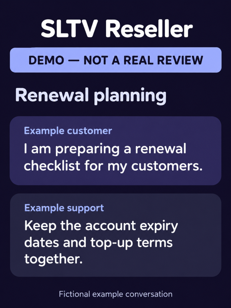 Fictional SLTV example conversation about renewal planning. Not a real customer review.