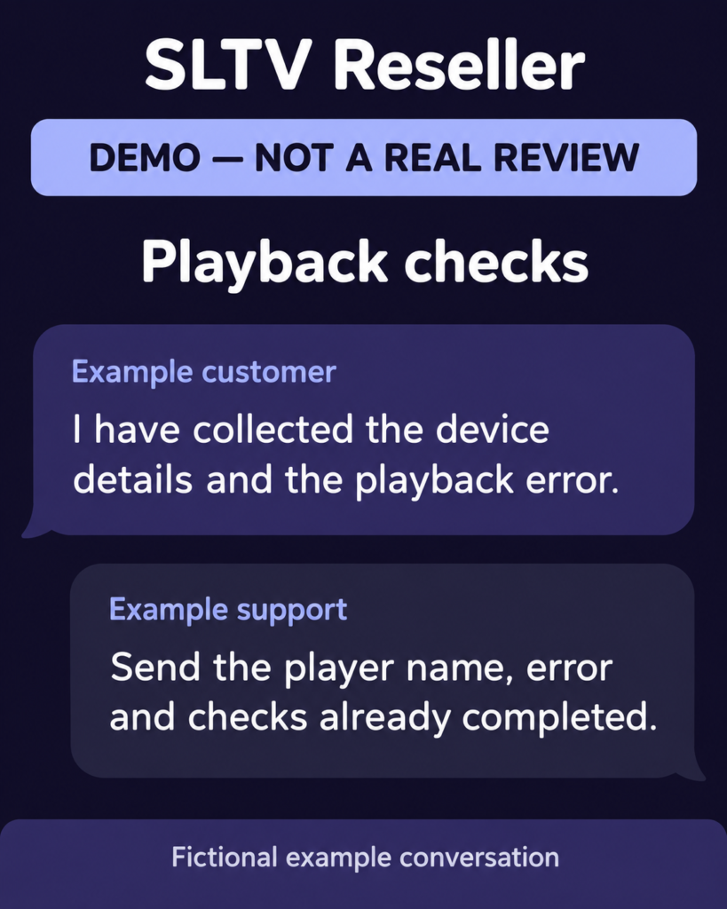 Fictional SLTV example conversation about playback checks. Not a real customer review.