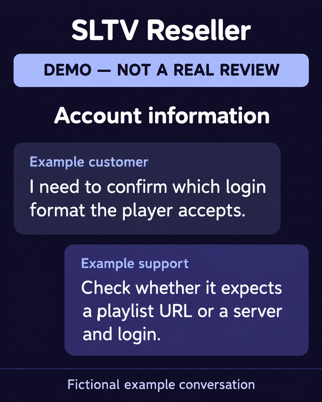 Fictional SLTV example conversation about account information. Not a real customer review.