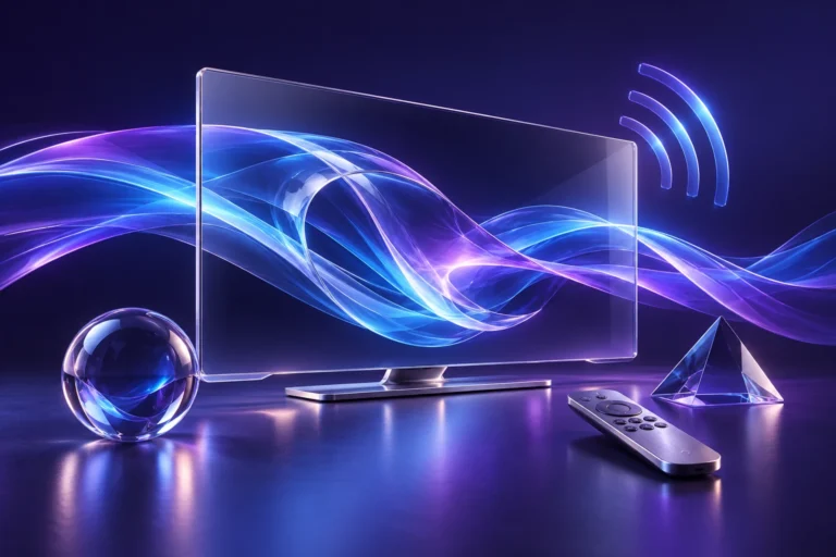 Original illustration of a glass television with blue and violet streaming waves