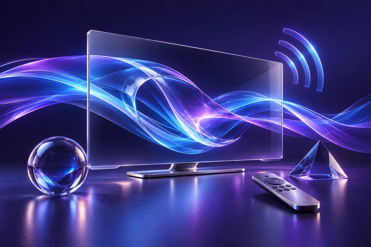 Original illustration of a glass television with blue and violet streaming waves